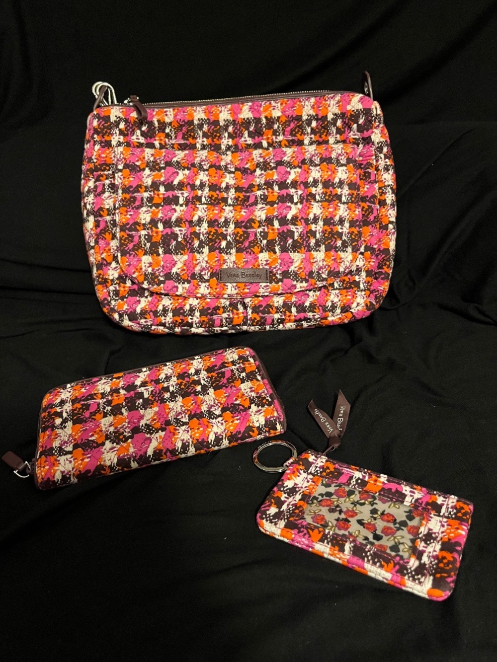EUC Vera Bradley Pink Houndstooth Tweed Quilted Shoulder Bag & Wallet Set